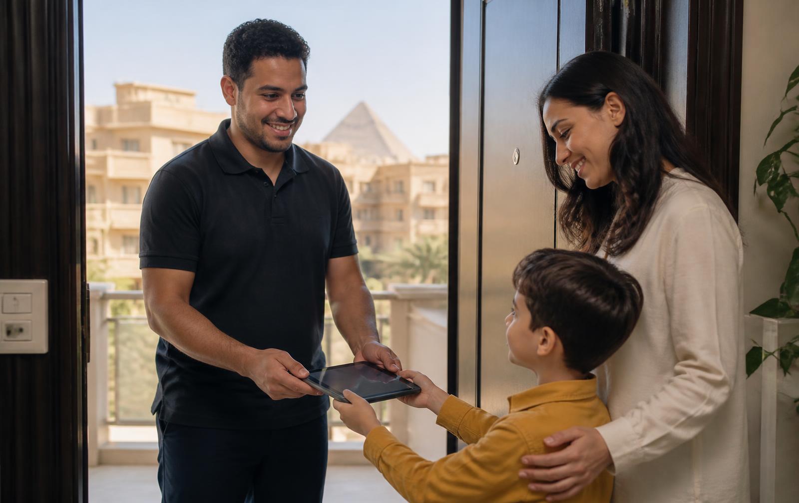 Fixora technician repairing a phone at a customer's door